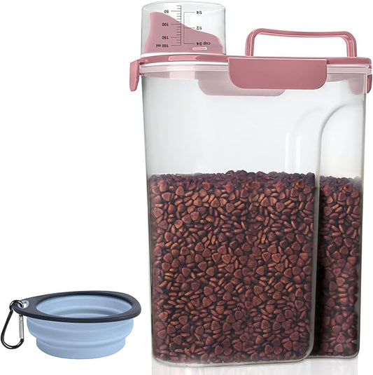 5-7LBS Airtight Dog Cat Food Storage Container with Pet stacking bowls, Upgraded Large Nozzle Clear Plastic Pet Storage Bin BPA-Free for Cats, Dogs, Birds, Chickens, Fishs-6Qt (Rose Pink 5L-1pack)-NeatNest