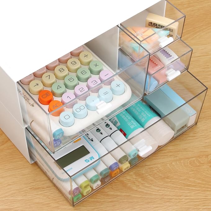 LETURE Desk Office Stationery Organizer with 4 Drawers, Desktop Vanity Makeup Organizer, Plastic Sundries Cosmetic Storage Organizer for Bathroom Counter or Dresser (White-4 Drawer)-NeatNest
