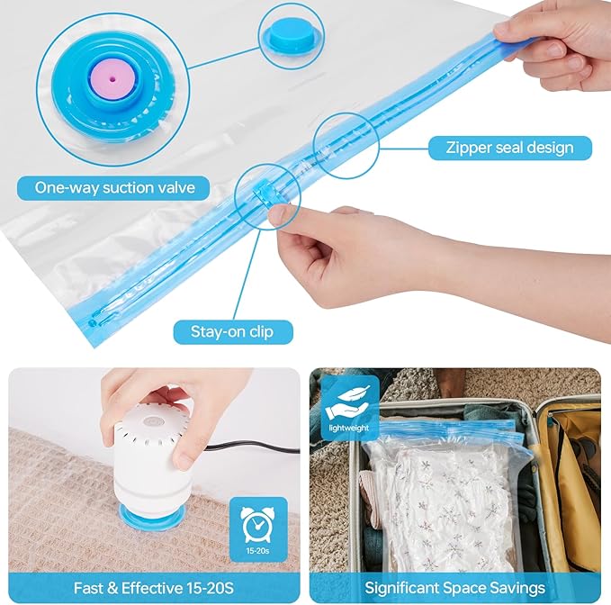 AKLL7S Vacuum Storage Bags with Electric Pump, 12 Pack Space Saver Bags(3 Jumbo/3 Large/3 Medium/3 Small) Vacuum Seal Bags for Clothing, Comforters, Blankets, Travel(Hand Pump Included)-NeatNest