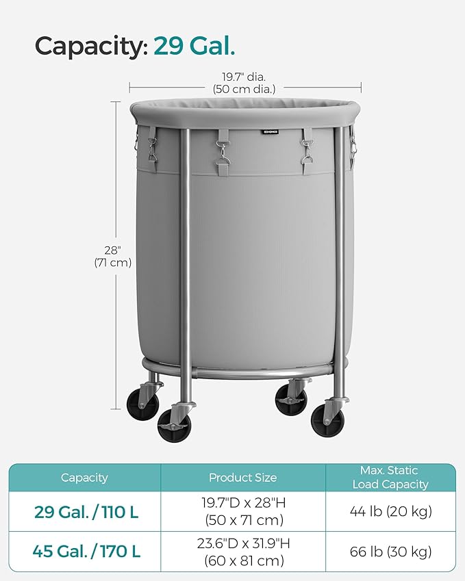 SONGMICS Laundry Basket with Wheels, Rolling Laundry Hamper, 29 Gal., Round Laundry Cart with Steel Frame and Removable Bag, 4 Casters and 2 Brakes, Gray and Silver URLS002G01