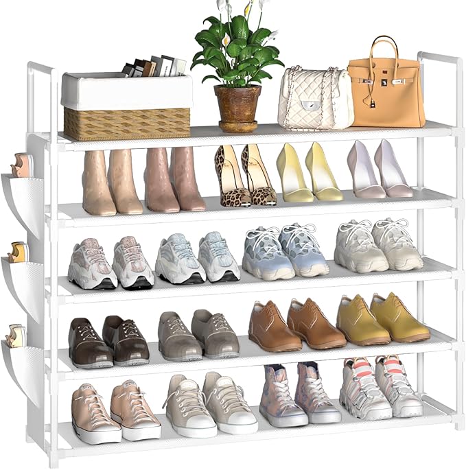 5 Tier Shoe Organizer, 33.3in Wide x 11.2in Deep x 35.6in Tall, Black Metal and Plastic Shoe Rack with Side Bag, Holds 20-25 Pairs of Shoes-NeatNest