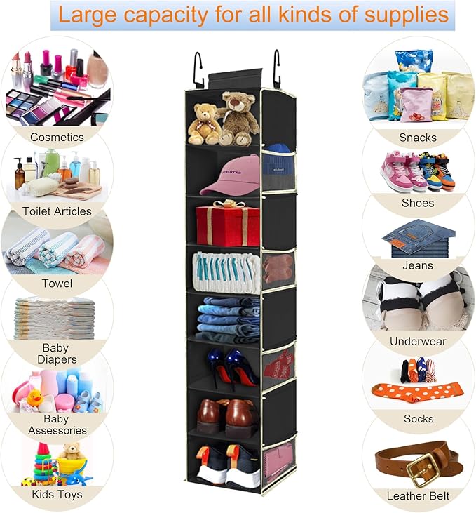 2 Pack Large-Sized Hanging Shoe Organizer 8-Shelf, Hanging Closet Organizer with 8 Side Pockets, Wider Hanging Shelves for Storage Shoes Clothes 9" W × 11.8" D× 48" H, Black.-NeatNest