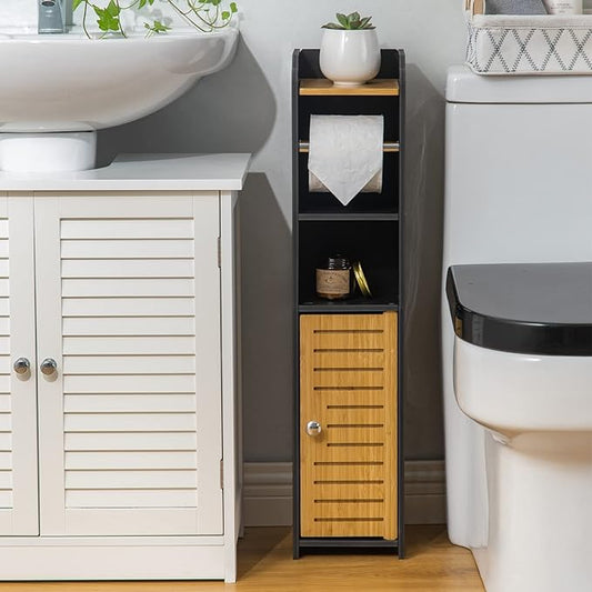 AOJEZOR Toilet Paper Holder Stand: Small Bathroom Storage Cabinet - Black - Bamboo-NeatNest