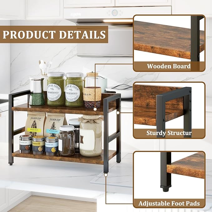 IBUYKE 2-Tier Spice Rack Industrial Counter Shelf Desktop Storage Organizer Standing Seasoning Rack for Countertop Kitchen Office Living Room Desktop Rustic Brown UTLJ002H-NeatNest