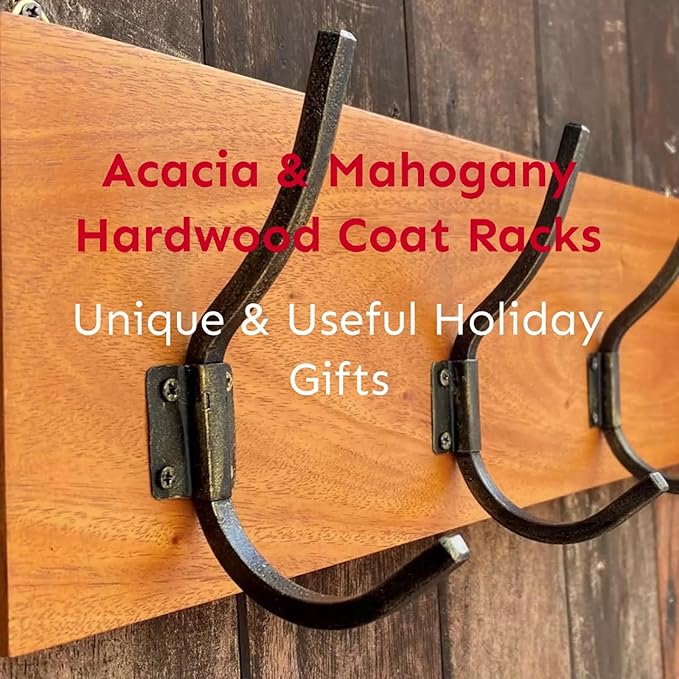 Coat Rack, Handmade, 4 Hanger Hook, Mahogany Hardwood, Durable Rustic Wall Mount, Versatile Hanger for Entryway, Bedroom, Bathroom, Farmhouse Boho Decor, 18" Natural Finish-NeatNest