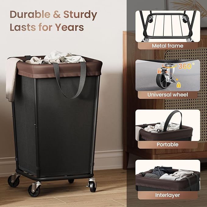 160L Laundry Basket with Wheels, 2-section Rolling Laundry Basket, Large Laundry Hamper with Wheels, Rolling Laundry Hamper Clothes Hamper for Home, Bathrooms and Dorm(Black)