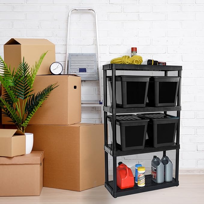 Gracious Living 4 Shelf Fixed Height Ventilated Medium Duty Shelving Unit, Organizer System with 10-Gallon Storage Bins & Lids, Black