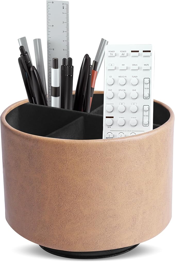 Hennaja Round Leather Art Supply Organizer,Remote Control Holder,360 Degree Spinning,Multi-Functional Pencil Holder,4 Compartments Desktop Stationary Organizer(1-Oil Yellow)-NeatNest