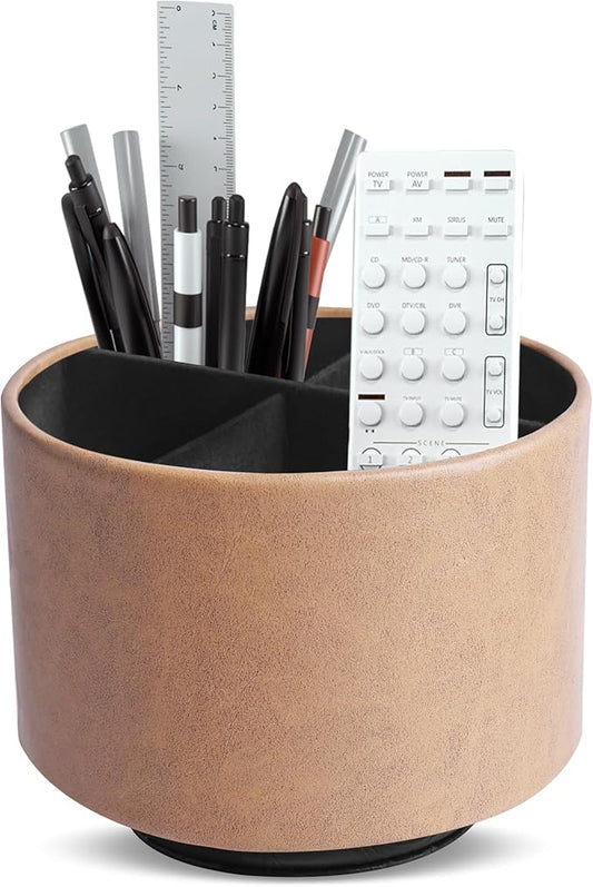 Hennaja Round Leather Art Supply Organizer,Remote Control Holder,360 Degree Spinning,Multi-Functional Pencil Holder,4 Compartments Desktop Stationary Organizer(1-Oil Yellow)-NeatNest