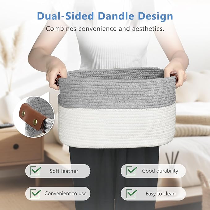 Cotton Rope Basket , Storage Baskets with Handle, 15x10x9 Inch Woven Basket for Shelves, Laundry, Towels, Clothes, Books, Toys (White/Grey 1Pack)-NeatNest