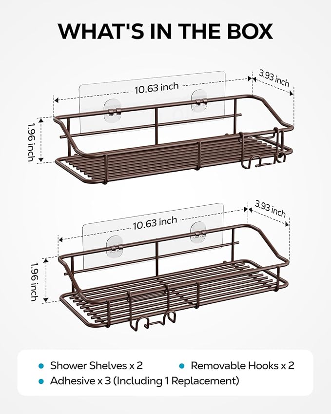 Nieifi Shower Caddy Shelf Storage Rack Adhesive Without Drilling Stainless Steel with Hooks for Washroom, Lavatory, Restroom, Toilet, Bathroom, Kitchen - 2 Pack Bronze-NeatNest