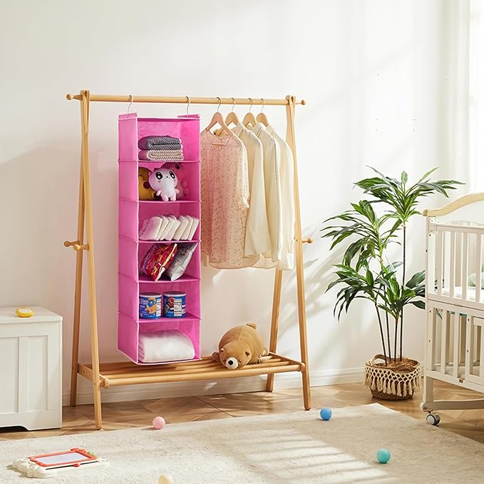 MAX Houser 6-Shelf Hanging Closet Organizer, Hanging Storage Shelves with 2 Sturdy Hooks Space-Saving for Bedroom, Foldable (Pink)-NeatNest