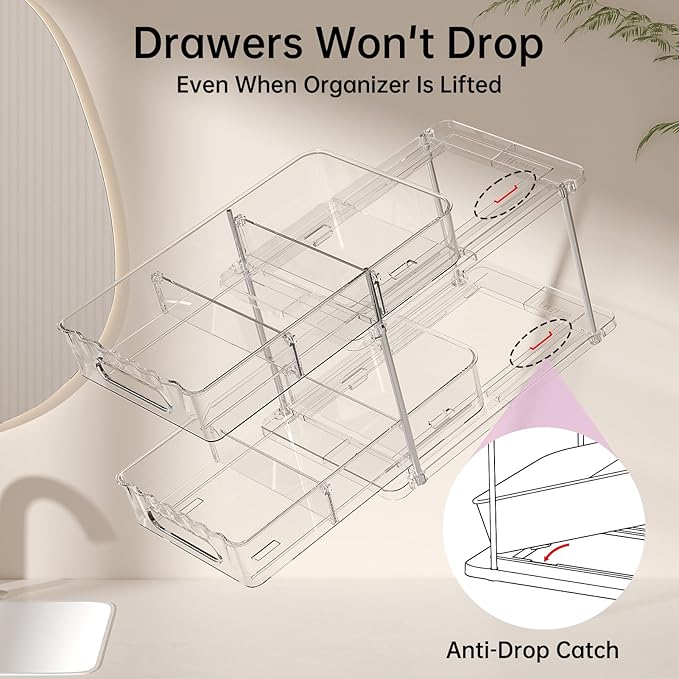 Delamu 2 Pack Snap-Lock Bathroom Under Sink Organizers and Storage, 2 Tier Pull Out Medicine Bathroom Cabinet Organizer, Multi-Purpose Kitchen Pantry Organization and Storage with Movable Divider-NeatNest