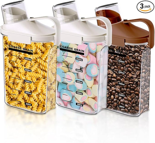 3 Pack Airtight Food Storage Containers Cereal & Dry Food Storage Container Set with Handles and Lids Clear Plastic Containers for Kitchen Cabinet Pantry Organization, 5.51LBS Rice Dispenser, Bpa Free-NeatNest