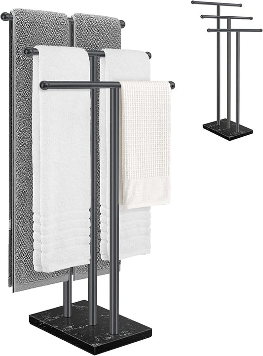 3-Tier Freestanding Towel Rack with Marble Base,Standing Tower Rack Fits Versatile Space,Stable Towel Racks for Bathroom, Matte Black Finish