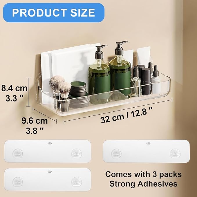 2pc Acrylic Wall Mount Organizer, Adhesive Shelf, Bathroom Shelves for Wall, Self Adhesive Organizer, Shower Caddies, No Drilling Hang Wall,with 3pack Tapes, for Bathroom, Kitchen, Living Room-NeatNest