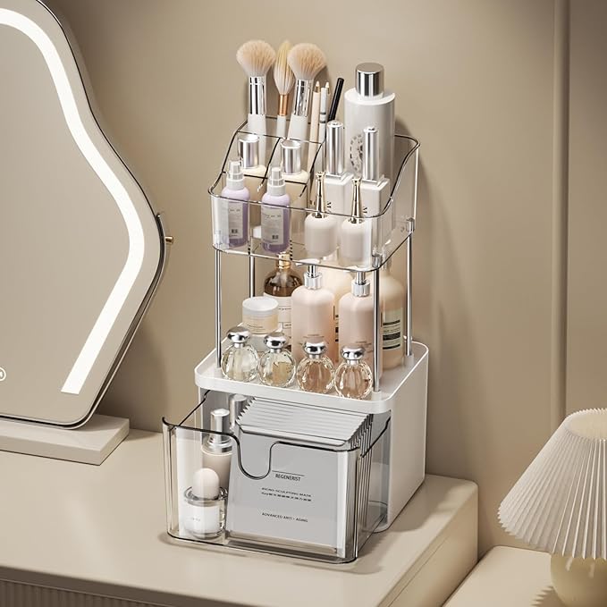 Makeup Organizer Countertop with Drawer, Bathroom Counter Organizers, Anti-Slip Dustproof Exquisite Dresser Vanity Storage for Skin Care Perfume Beauty Lipstick,Clear
