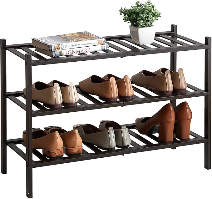 Shoe Rack, 3-Tier Bamboo Stackable Shoe Shelf Storage Organizer, Shoe Stand for Closet, Entryway and Hallway-NeatNest