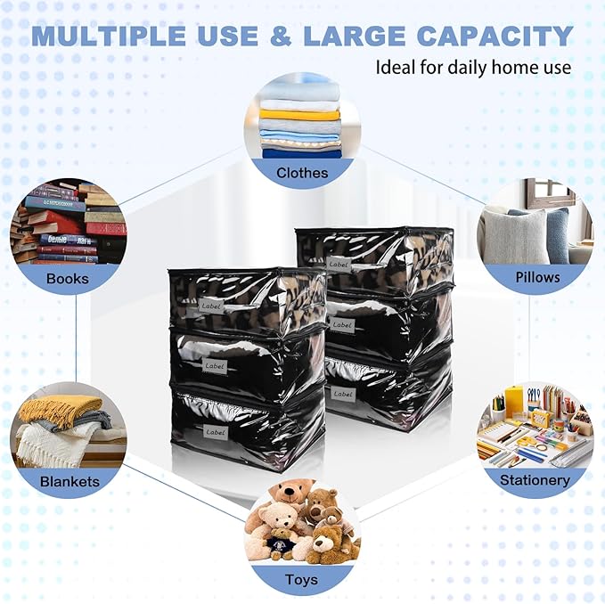 Clear Zippered Storage Bags Plastic Sweater Storage Bags with Zipper 6 Packs Clothing Organizer for Blankets Linen Sweater Bed Sheet Quilt Clothes Pillow (18 x 15 x 9 Inch, Black)-NeatNest