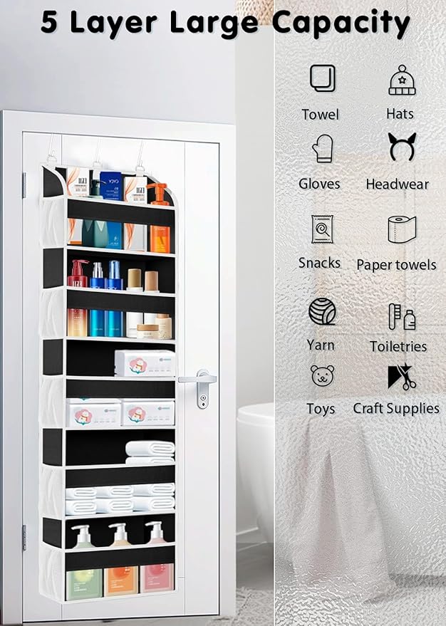1 Pack Over The Door Storage Organizer with 5 Pockets 10 Mesh Side Pockets, 44 lbs Weight Capacity Door Hanging Organizers and Storage for Bedroom,Bathroom,Nursery,Pantry,Dorm(Black)-NeatNest