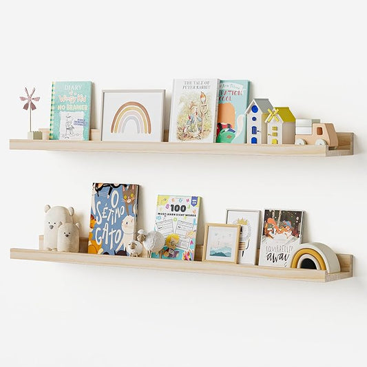 Floating Shelves for Wall, 36 inch Solid Wood Picture Ledge Shelf, Picture Shelf for Wall with Ledge, Floating Book Shelves for living room Bedroom Kitchen Nursery Decor, Natural Unfinished, Set of 2-NeatNest