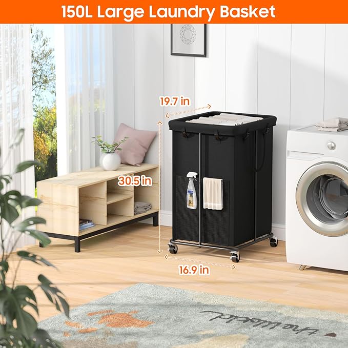 150L Laundry Hamper with Wheels, Rolling Laundry Basket with Metal Frame and Removable Bag, Large & Tall Dirty Clothes Hampers for Bedroom Aesthetic, Laundry Room, Bathroom, Dorm-Black