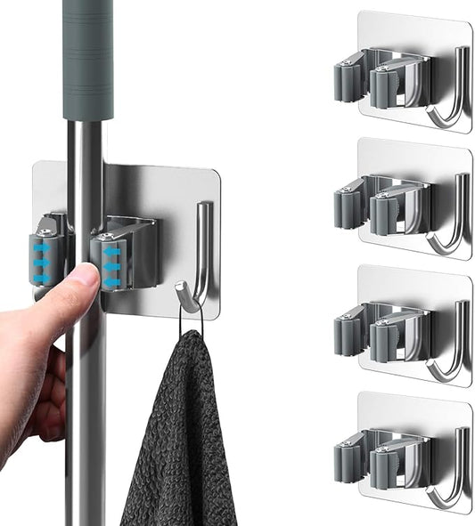 Mop Broom Holder No Drill, Mop Broom Organizer Wall Mounted Heavy Duty with Hooks Hanger, Self Adhesive Stainless Steel 4Pcs for Bathroom, Kitchen, Office (Grey)-NeatNest