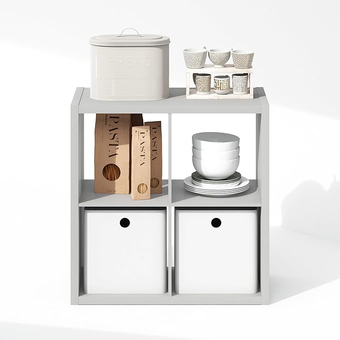 Furinno Cubic Open Back Multipurpose Clothing & Closet Storage Organizer Shelf, 4-Cube, Light Grey