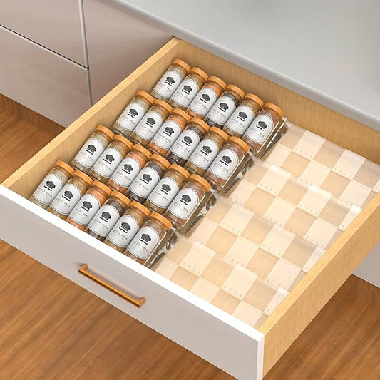 4-Tier Non-Slip Spice Drawer Organizer, 4-Pack Checkered Frosted Clear Acrylic, Expandable (11''-22'') Spice Rack for Kitchen Drawer Storage – Holds Seasonings, Herbs, and Spices (Jars Not Included)-NeatNest