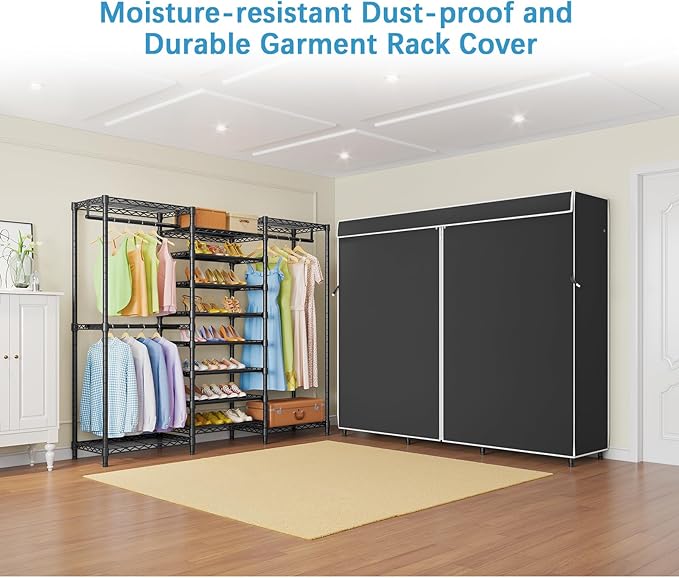 VIPEK S3C Heavy Duty Portable Closet with Adjustable Shoe Rack Wire Shelf, Large Wardrobe Organizer for Bedroom Storage, Freestanding Clothes Rack with Hanging Rod, Custom Black Rack with Black Cover-NeatNest