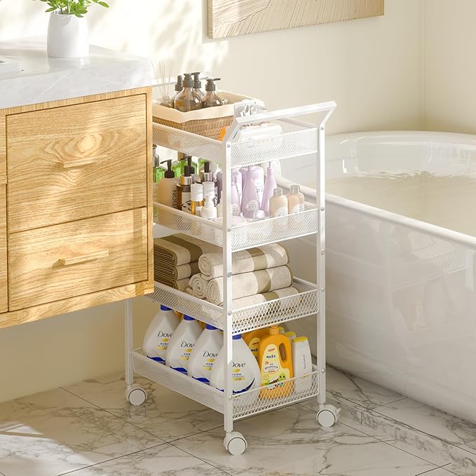 4-Tier Standing Storage Shelves, Shelving Unit with Wheels, Freestanding Shelf for Bathroom, Laundry, Kitchen Organizers and Storage,White-NeatNest