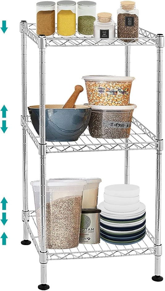 BNSPLY 3-Tier Adjustable Shelving Unit, Metal Wire Rack with NSF Certified, Leveling Feet, Standing Storage Shelf for Laundry, Bathroom, Kitchen, Pantry, Closet, Chrome-NeatNest