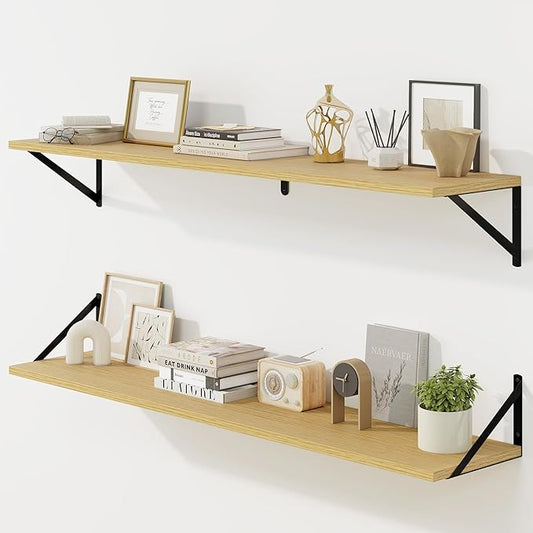 Fun Memories Deep Floating Shelves for Wall, 48W x 8D Wall Mounted Shelves Set of 2, Wide Display Ledge Shelf with Sturdy Metal Brackets for Living Room, Bathroom, Bedroom and Kitchen, Oak-NeatNest