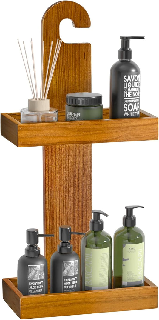 Utoplike Teak Shower Caddy over Shower Head, Bathroom Organizer Hanging, Wood Standing Shower Shelf Holder for Shampoo, Soap, Towels, No Drilling