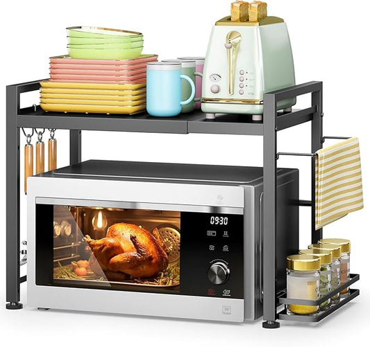 DOLALIKE Microwave Oven Rack, Expandable Microwave Stand Countertop Kitchen Utensils Tableware Storage, Carbon Steel Over Microwave Shelf Countertop with 6 Hooks-NeatNest