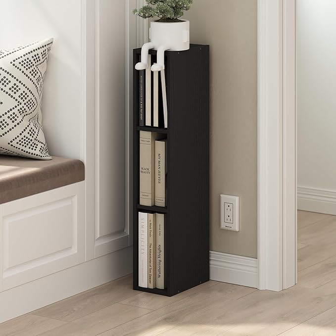 Furinno Fulda 3-Tier Space Saving Storage Shelf Bookcase, 6-Inch Width, Blackwood-NeatNest