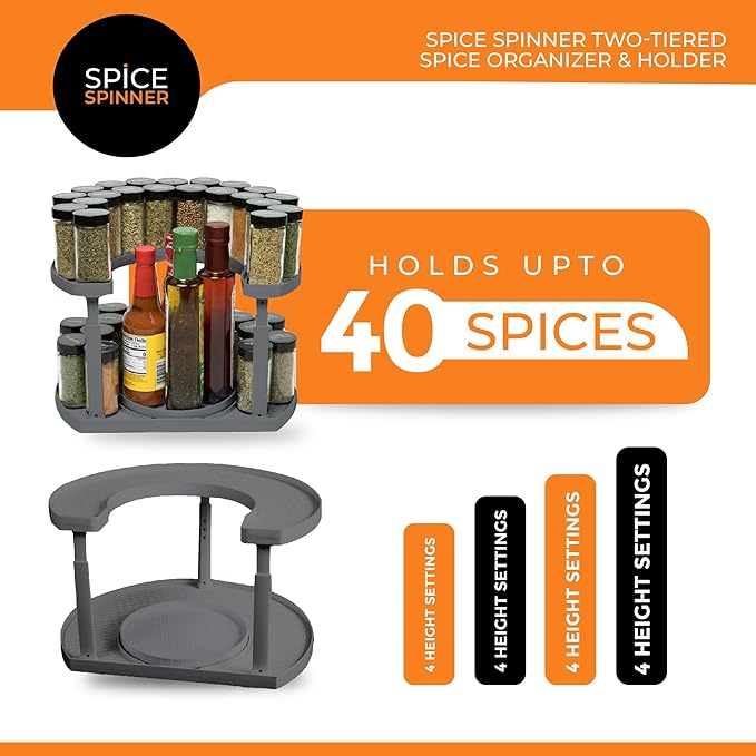 2-Tier Spice Rack Organizer for Cabinet | Rotating Lazy Susan Spice Organizer Holds 40 Spice Jars | Countertop & Pantry Spice Shelf for Kitchen Organization & Storage (Gray)-NeatNest