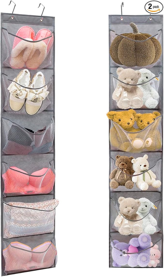 2 Pack Over the Door Shoe Organizer Hanging Stuffed Animals Storage Diaper Holder Clothes Shelve for Closet with 6 Large Pockets (Mesh Pockets - 2 Pack)-NeatNest