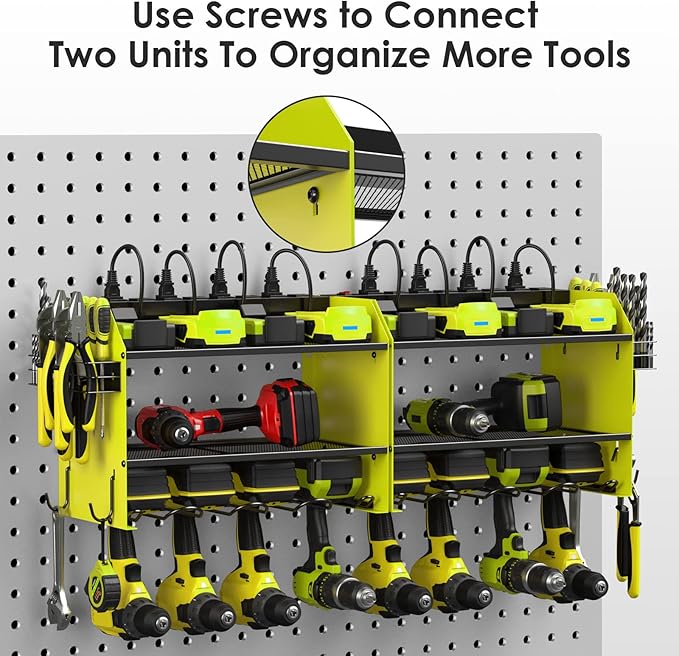 CCCEI Modular Power Tool Organizer Wall Mount with Charging Station. Garage 4 Drill Storage Shelf with Hooks, Screwdriver, Drill Bit Heavy Duty Rack, Tool Battery Holder Built in 8 Outlet Power Strip.-NeatNest