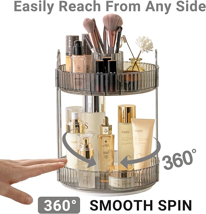 360 Rotating Makeup Organizer,2 Tier Large Capacity Make Up Organizers and Storage,Skincare Perfume Vanity Organizers,Bathroom Cosmetics Storage Organizer Countertop(Grey)-NeatNest