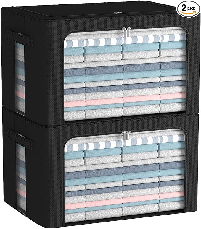 2 Pack Clothes Storage Bins Foldable Metal Frame Storage Box Linen Fabric Organizer Set with Carrying Handles and Clear Window (Black, 15.7x 11.8x 7.8Inch)-NeatNest