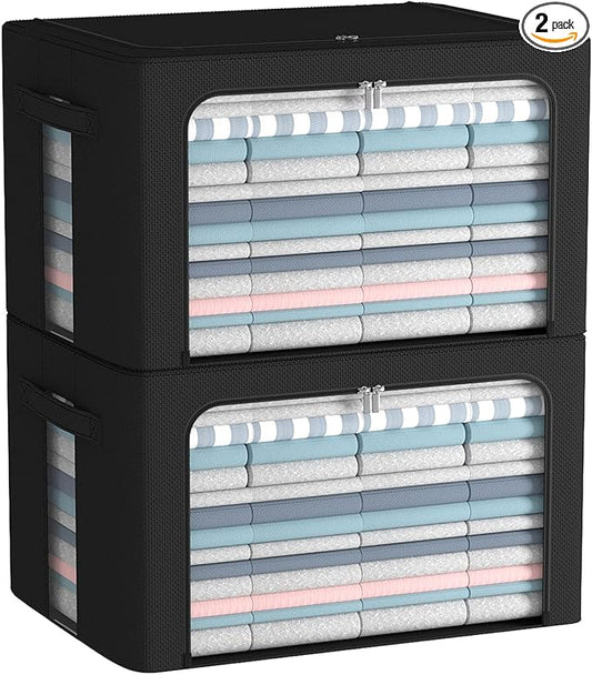 2 Pack Clothes Storage Bins Foldable Metal Frame Storage Box Linen Fabric Organizer Set with Carrying Handles and Clear Window (Black, 15.7x 11.8x 7.8Inch)-NeatNest