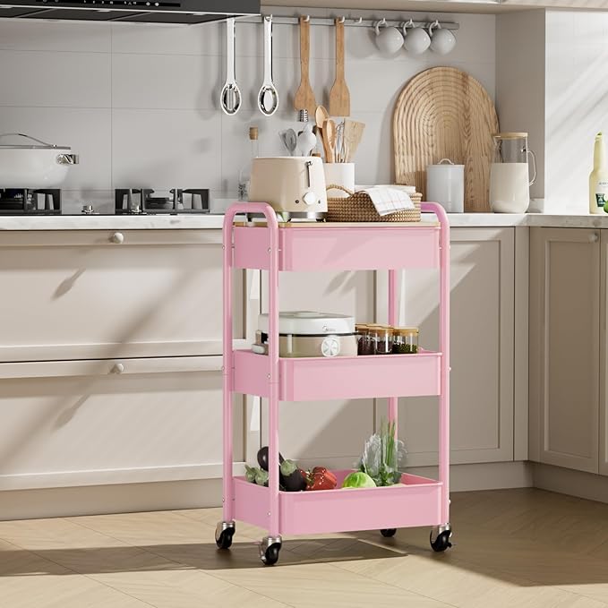 3 Tier Rolling Cart with Table top, Metal Rolling Utility Cart, Sturdy Storage Organizer Cart with Locking Wheels & Hooks for Office, Classroom, Kitchen and Bathroom，Pink-NeatNest