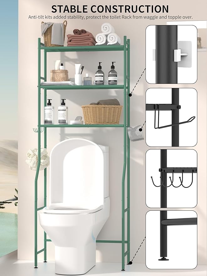 3 Tier Over The Toilet Storage Rack with 2 Basket, Metal Freestanding Bathroom Shelves Toilet with Paper Holder and 4 Hooks, Over Toilet Storage Shelf for Bathroom Storage, Green-NeatNest