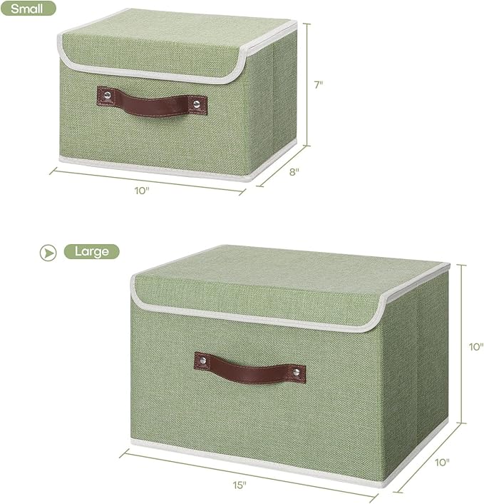 ANMINY 2PCS Storage Bins with Lid PU Leather Handles Storage Boxes PP Plastic Board Decorative Foldable Lidded Cotton Linen Fabric Home Cubes Baskets Closet Organizer Containers - Green, Large Size-NeatNest