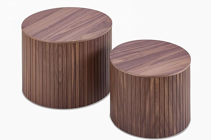 kevinplus Walnut Coffee Table Nesting Tables Set of 2 for Living Room, Modern Circle Drum Wood Small Coffee Table with Storage Contemporary Side Table End Table with Moveable Lid, Walnut