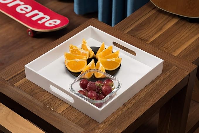 Glossy White Sturdy Acrylic Serving Tray with Handles-12x12Inch-Serving Coffee,Appetizer,Breakfast,Butler-Kitchen Countertop -Cosmetics Organizer-Vanity Table Tray-Ottoman Tray-Decorative-NeatNest