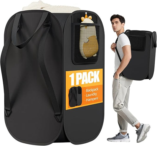 Collapsible Backpack Laundry Bag Made by Strong Polyester Oxford Cloth, 76L Heavy Duty Large Hamper with Adjustable Shoulder Strap, Foldable Basket with Mesh Pocket for College, Travel, Apartment-NeatNest