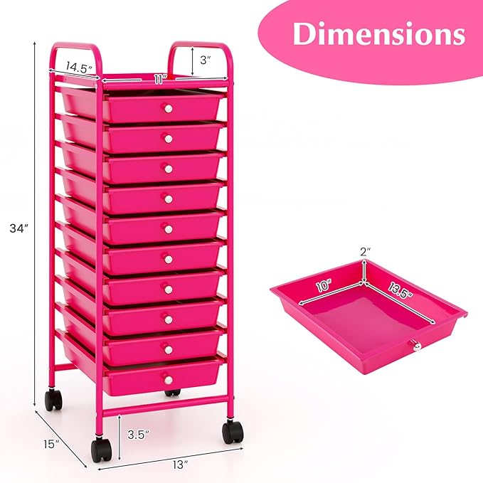 COSTWAY 10-Drawer Rolling Storage Cart, Utility Mobile Trolley with Removable Drawers & Universal Casters & 2 Brakes, Versatile Flexible Drawer Organizer Cart for Home, Office, Hot Pink-NeatNest