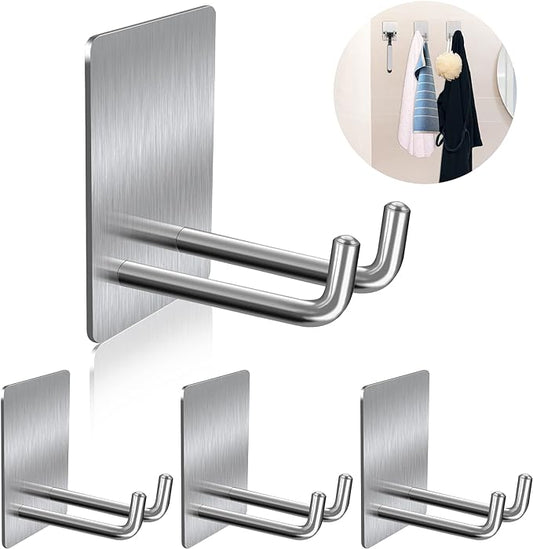 Adhesive Hooks, Stick on Stainless Steel Towel Robe Razor Wall Hooks for Bathroom Kitchen, Sticky Heavy Duty Durable Shower Hangers for Hanging Hat Coat Key 4-Pack (Silver)
